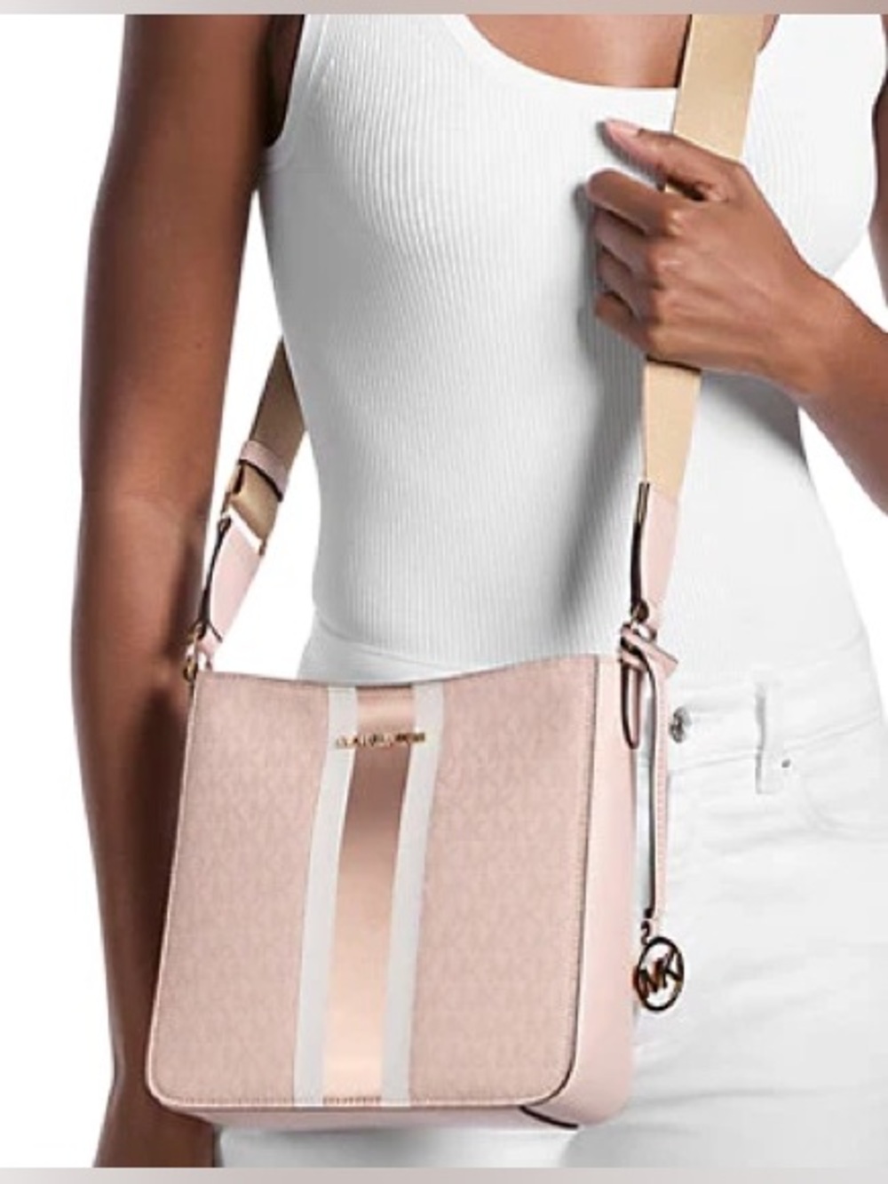 Michael Kors Pink Stripe Logo Saffiano Crossbody Bag
